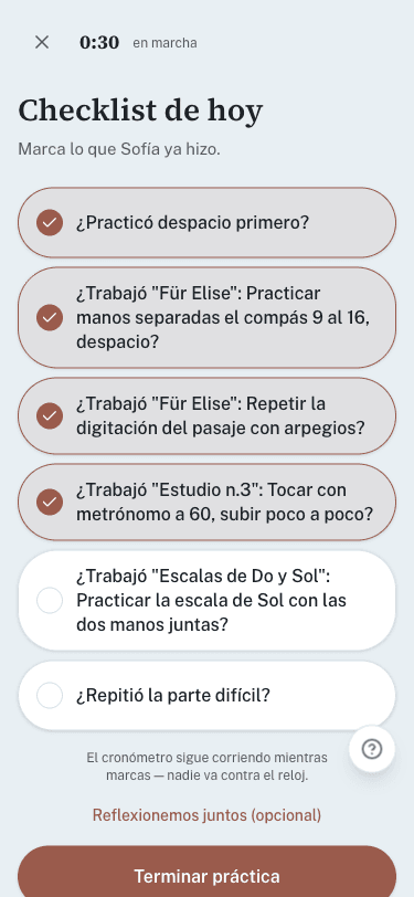 Checklist de práctica de hoy en MusicParent, con 4 de 6 pasos completados