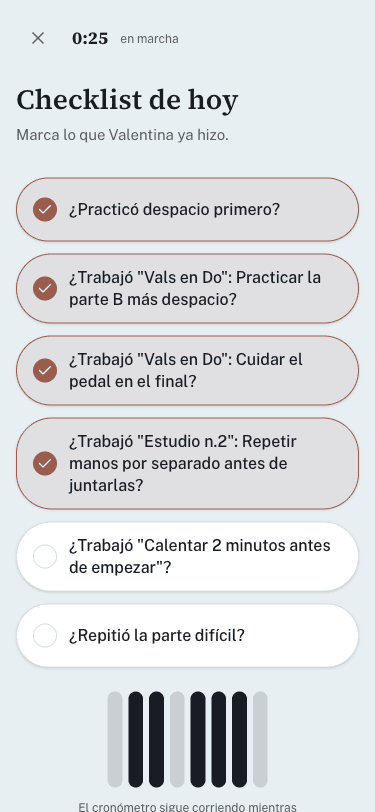 Checklist de práctica de hoy en MusicParent, con 4 de 6 pasos completados