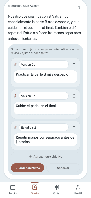 Pantalla de Diario mostrando una entrada convertida en objetivos agrupados por pieza