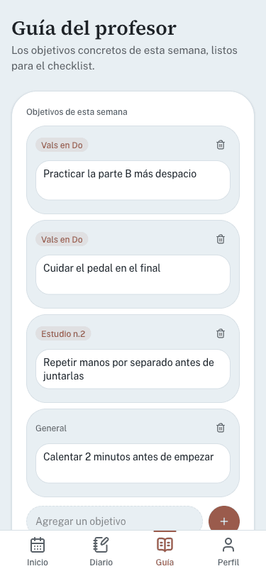 Pantalla de Guía con los objetivos de la semana organizados por pieza