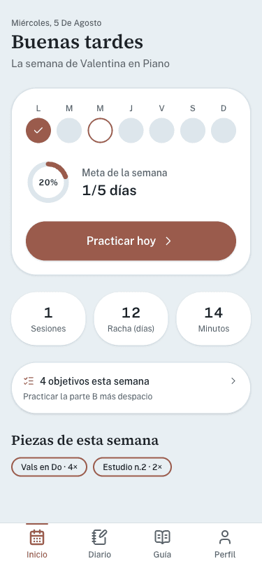 Pantalla de Inicio con la semana, la racha y las piezas trabajadas
